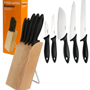 FISKARS ESSENTIAL Noże kuchenne 5 noży w bloku drewnianym